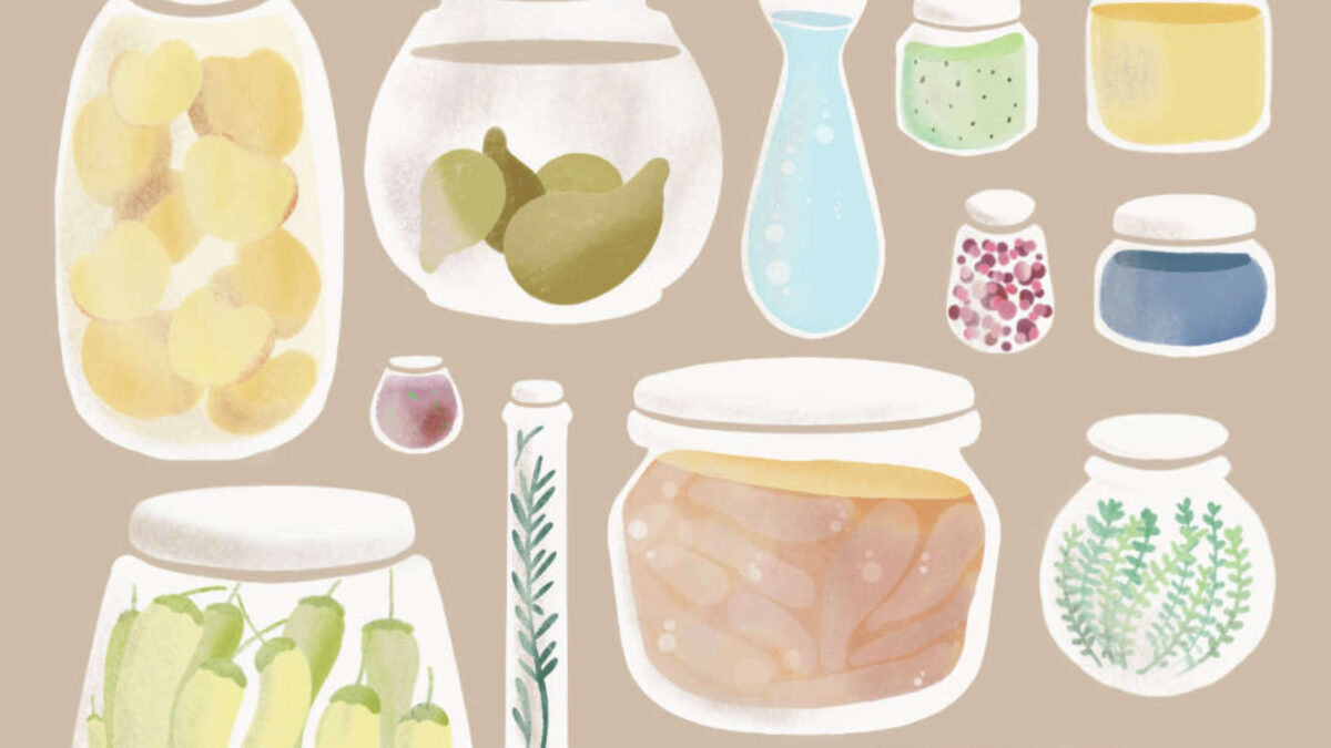 Dettaglio dell’illustrazione con barattoli di cibo realizzata per la formazione dei volontari dell’associazione No Spreco.